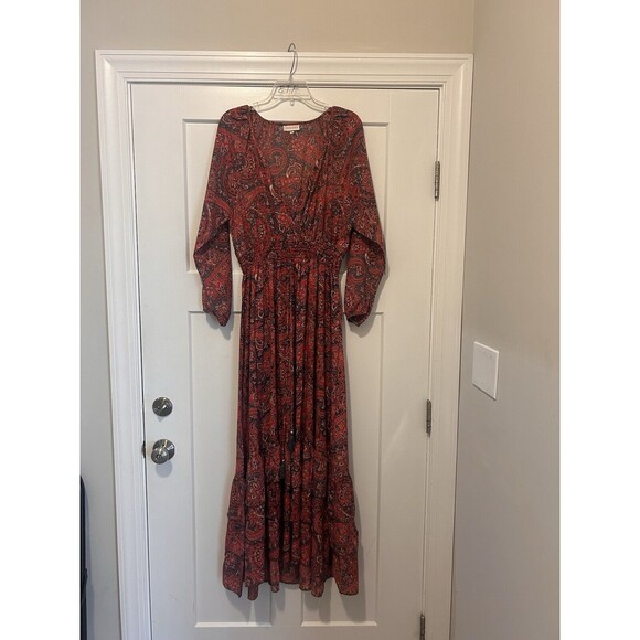 Women’s V Neck Boho Paisley Maxi Dress Size Large Whimsy Teacher Modest Holiday - Picture 1 of 10